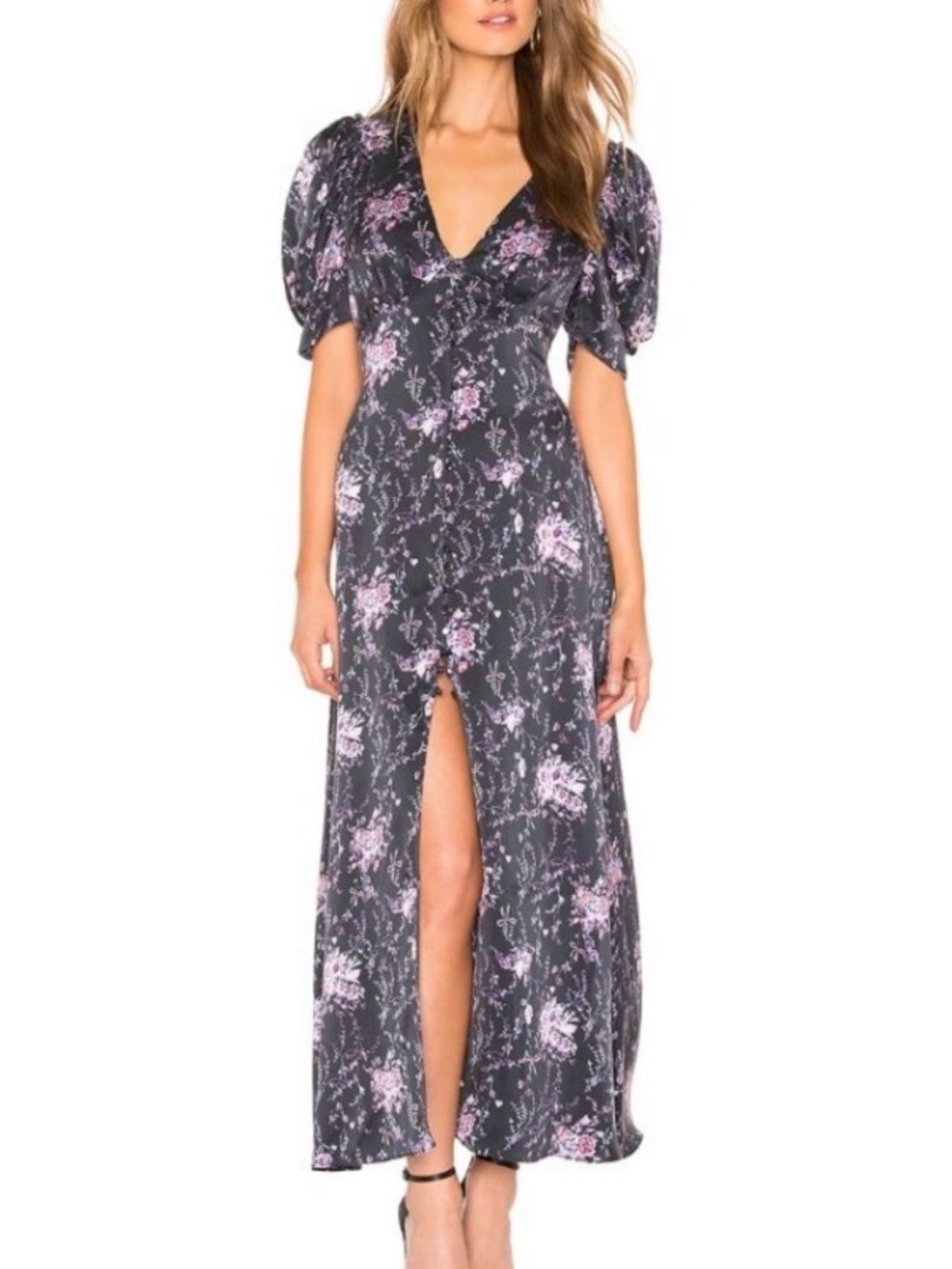 LoveShackFancy Delaney Silk Dress Floral Print V-Neck Puff Sleeve Satin Maxi XS